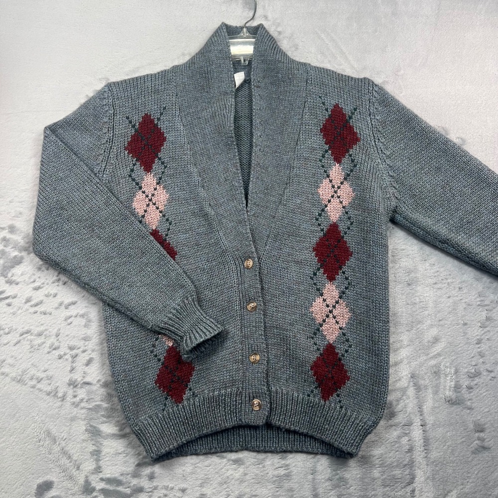 Crazy Horse Cardigan Womens M Blue Argyle Wool Blend Shawl Collar Vintage 1711